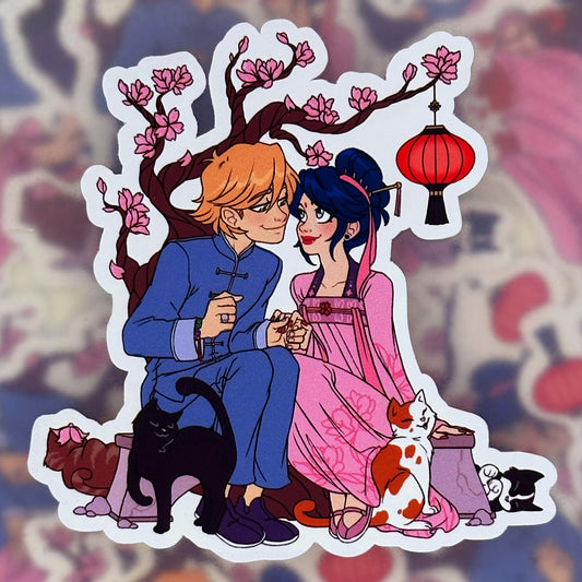 Festive Adrienette with Cats cut-out vinyl sticker 8cm