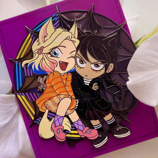 Chibi Spiderweb Wednesday & Enid hard enamel pin