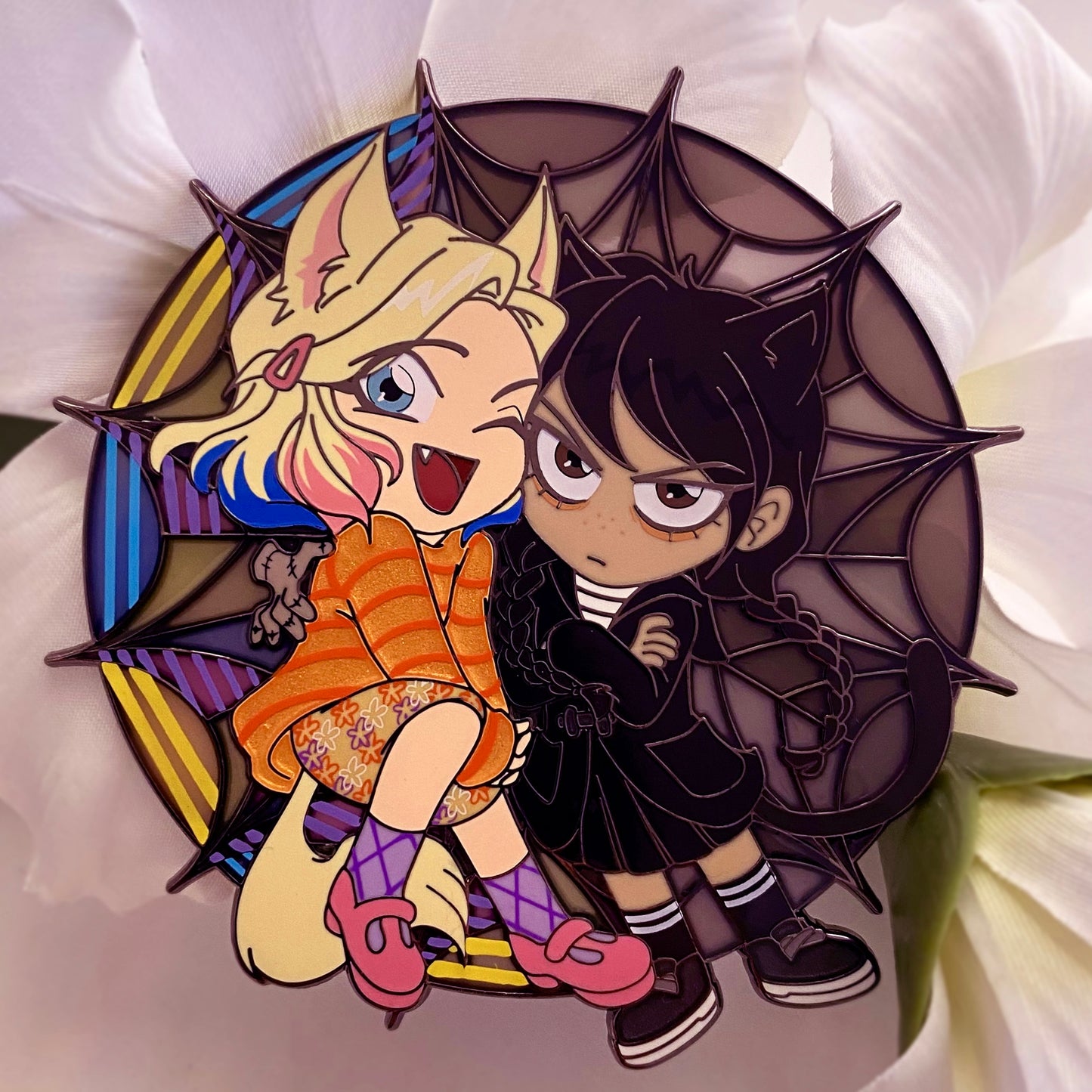 Chibi Spiderweb Wednesday & Enid hard enamel pin